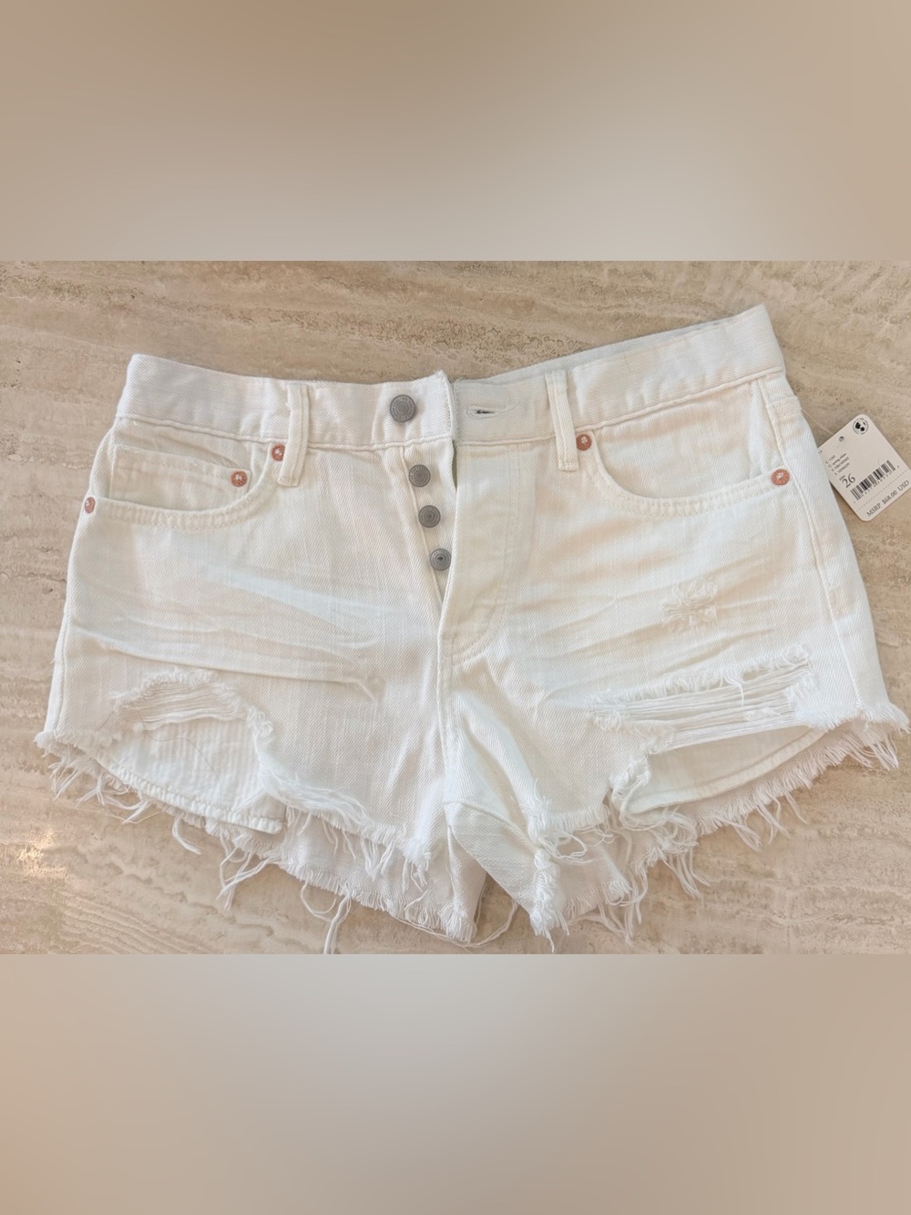 Free People White Distressed Button-Fly Denim Shorts